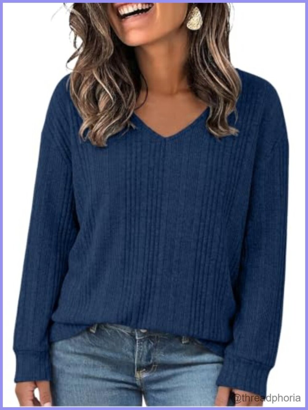 Plus Size Ribbed Knit V-Neck Long Sleeve Tunic Top